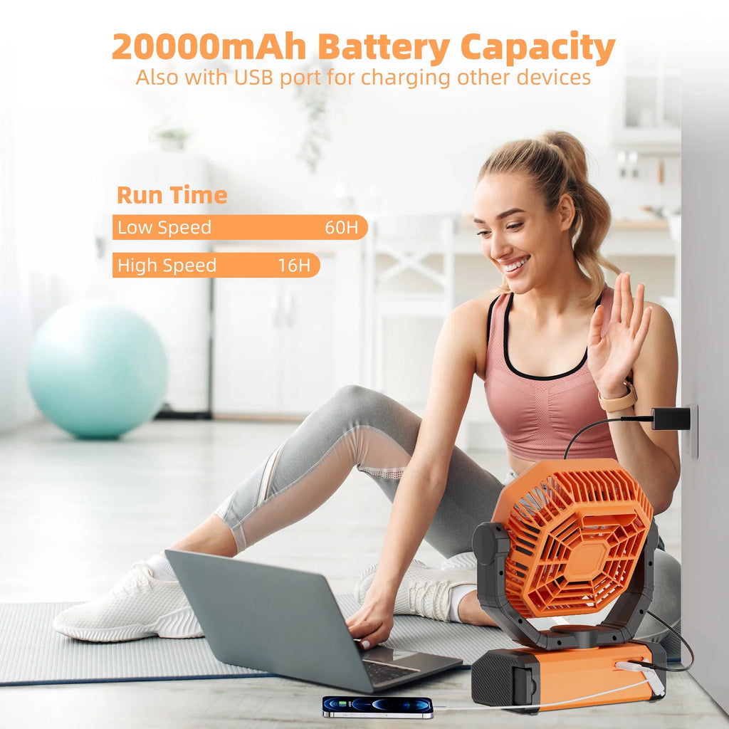 MORIKO Portable Cordless Fan 20000mAh Rechargeable Battery Powered Ventilator w/ LED Lantern, Remote, Hook, Timer, 270° Pivot 90° Oscillating 4 Speed Brushless Motor, Outdoor Jobsite Garage Patio Fan