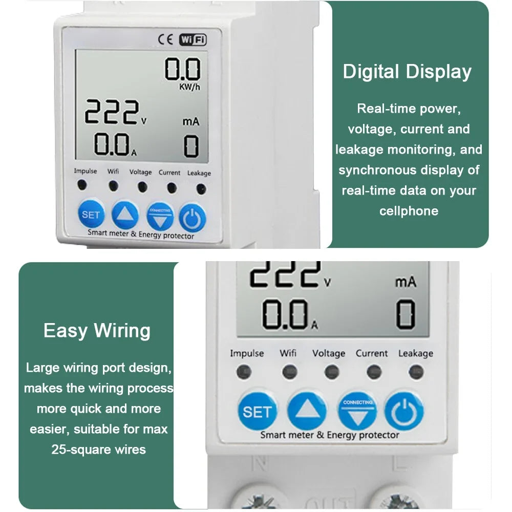 Tuya WiFi Intelligent Leakage Protecting Switch Current Voltage Monitoring Circuit Breaker Timer Function Power Meter Compatible with Amazon Alexa and Google home for Voice Control