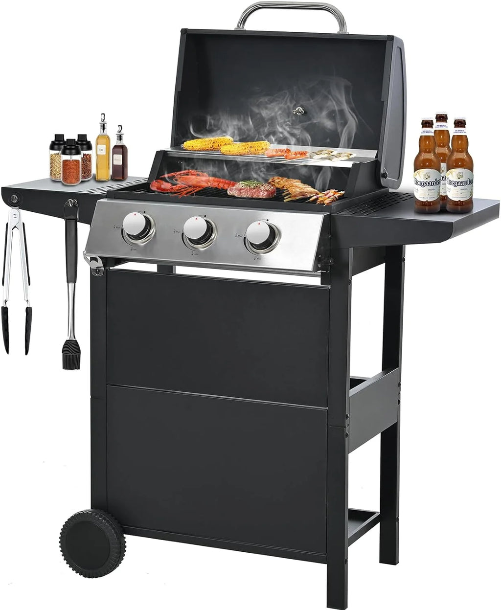 Forclover Stainless Steel Portable Propane Gas Grill, 3-Burner BBQ Grill with Top Cover Lid, Wheels, and 2 Side Shelves, for Outdoor Patio Garden Picnic Backyard