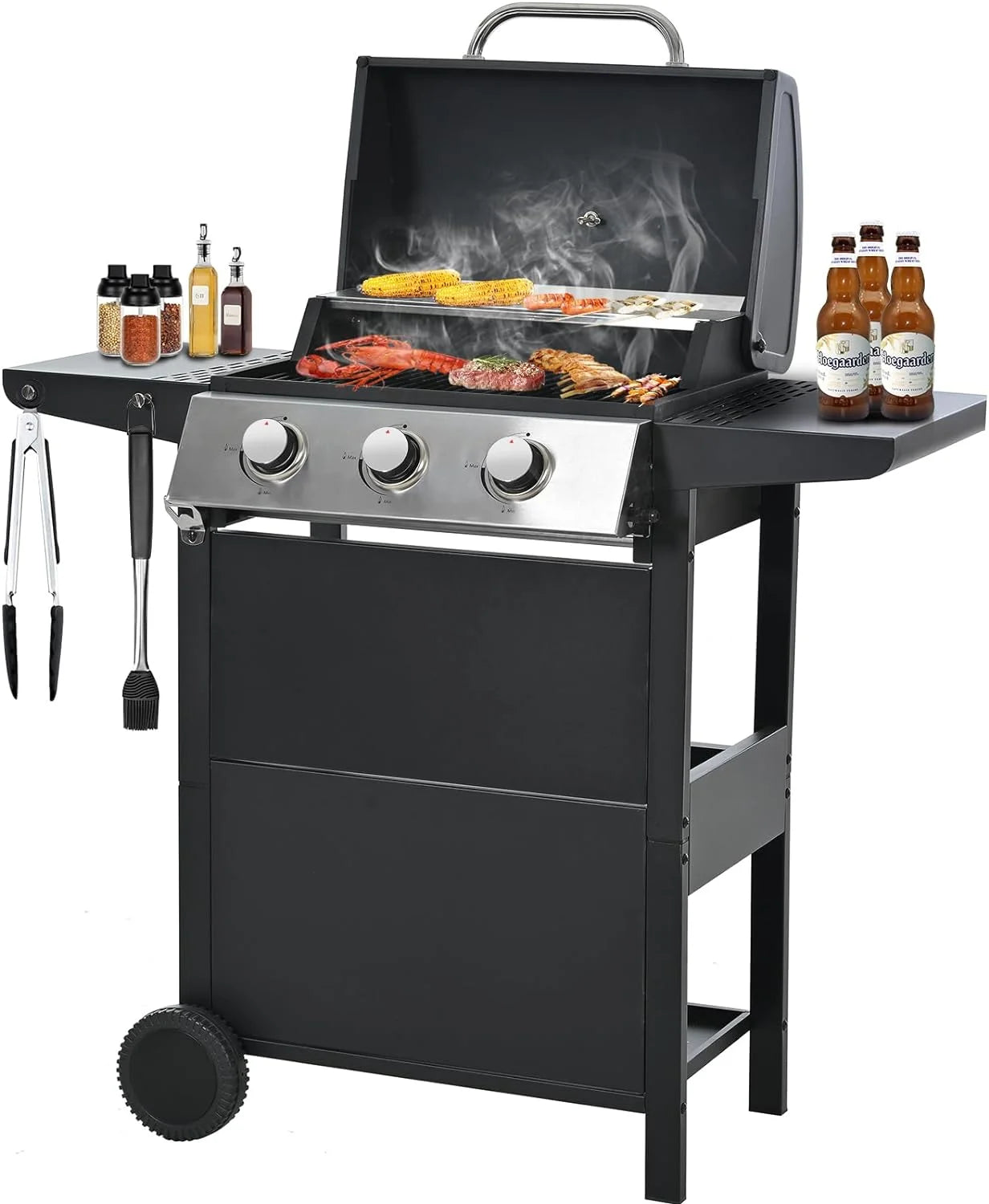 Forclover Stainless Steel Portable Propane Gas Grill, 3-Burner BBQ Grill with Top Cover Lid, Wheels, and 2 Side Shelves, for Outdoor Patio Garden Picnic Backyard