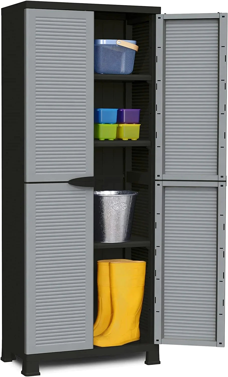 Prestige Utility Adjustable 3 Shelf Tool Organizing Storage Cabinet With Lockable Double Doors For Indoor And Outdoor Use, Gray