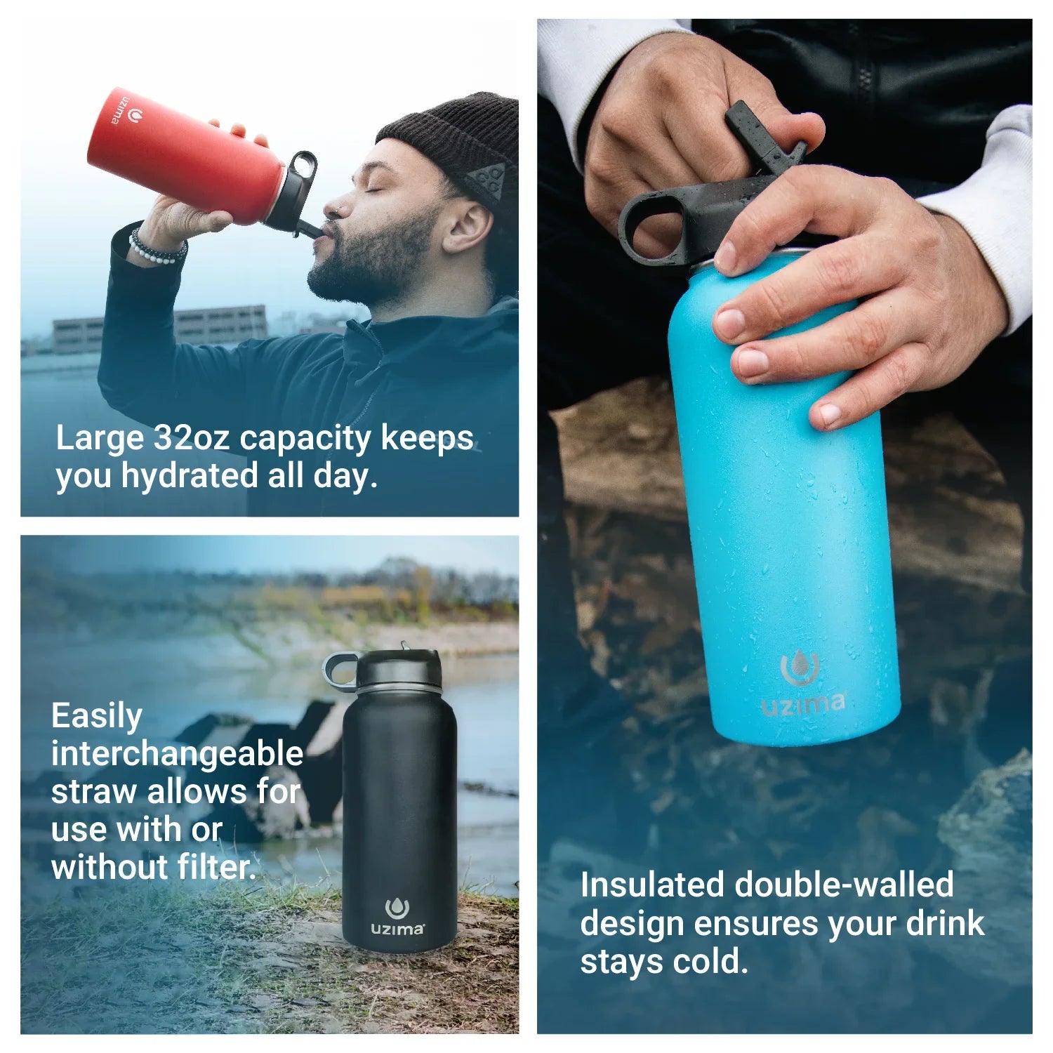 Uzima - Z-Source Filtered Water Bottle for Hiking, Backpacking, Camping, and Travel. Water Purification on the Go. Large 32oz Capacity with Double-Walled Stainless Steel Exterior. Midnight