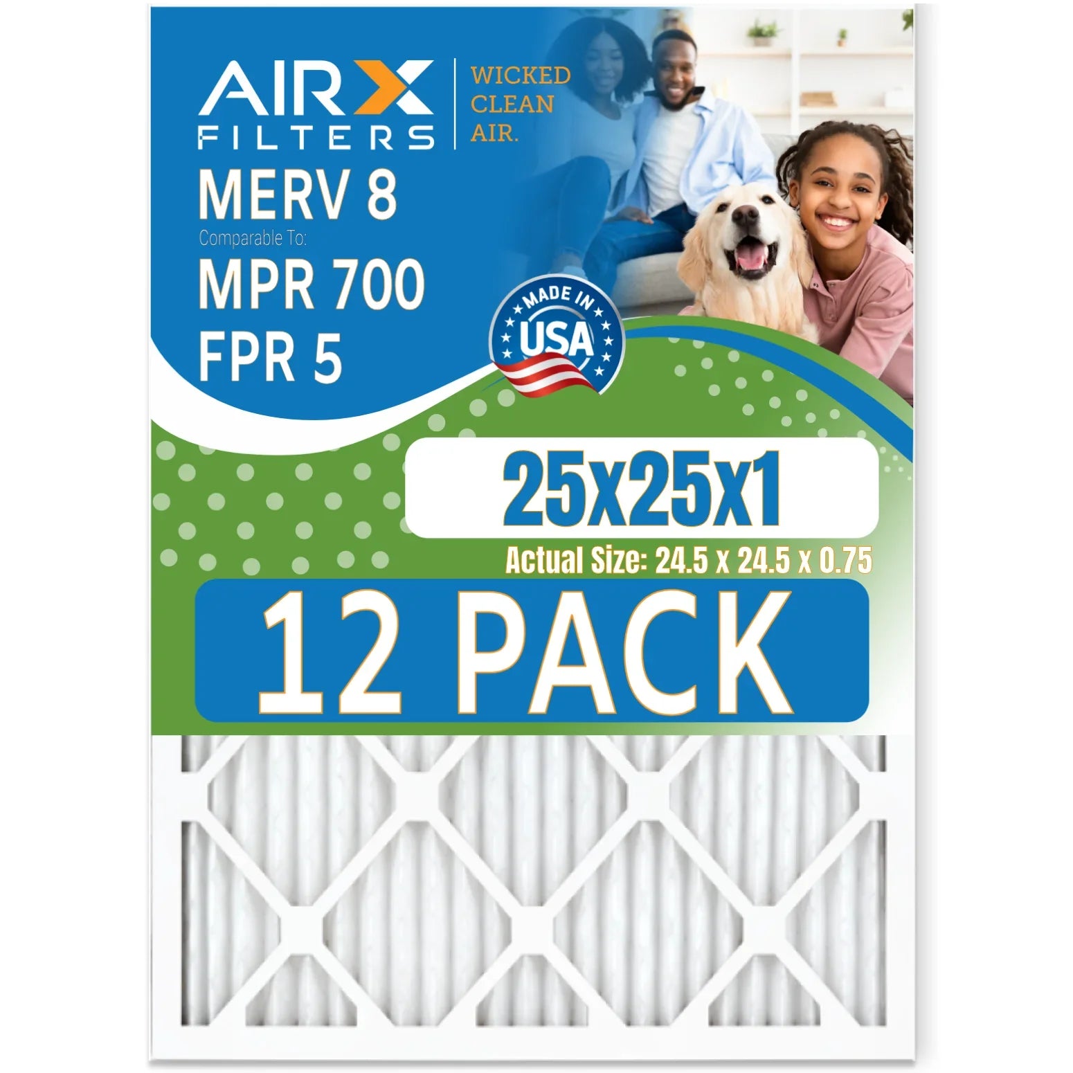 25x25x1 Air Filter MERV 8 Rating, 12 Pack of Furnace Filters Comparable to MPR 700 & FPR 5 - Made in USA by AIRX FILTERS WICKED CLEAN AIR.