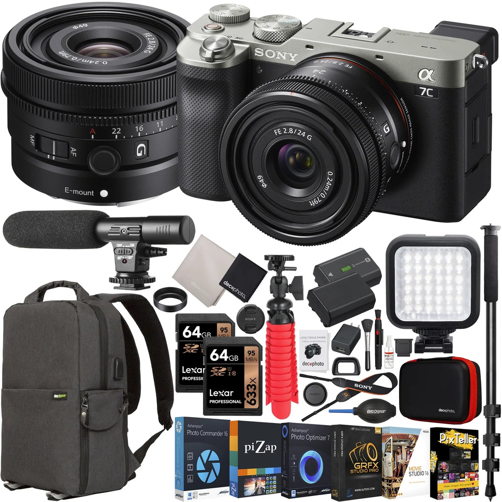 Sony a7C Mirrorless Full Frame Camera Body with Sony FE 24mm F2.8 G Compact Lens SEL24F28G Silver ILCE7C/S Bundle with Deco Gear Photography Backpack Case + Microphone + LED + Monopod and Accessories