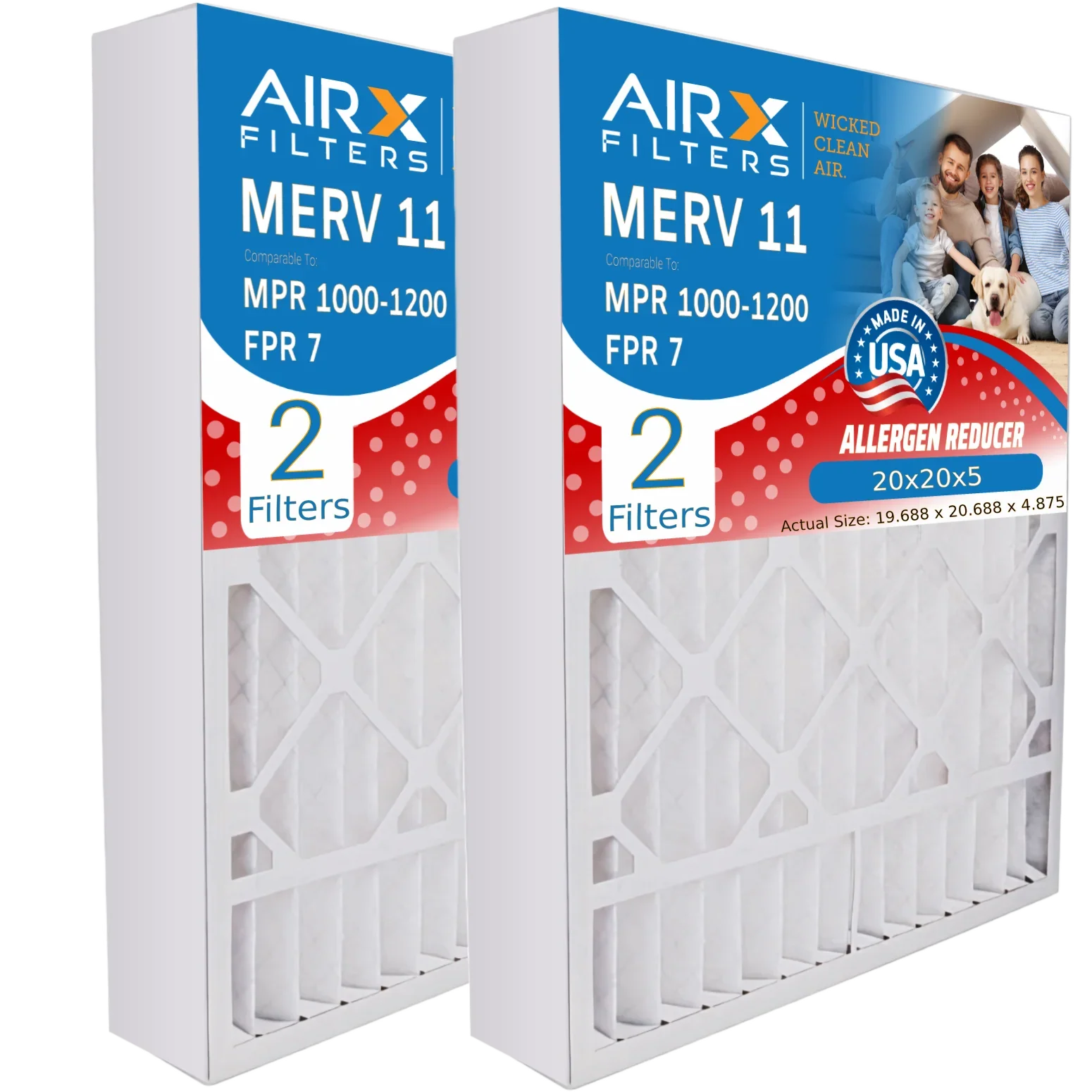 20x20x5 Air Filter MERV 11 Comparable to MPR 1000, MPR 1200 & FPR 7 Compatible with Skuttle 000-0448-003 Premium USA Made 20x20x5 Furnace Filter 2 Pack by AIRX FILTERS WICKED CLEAN AIR.