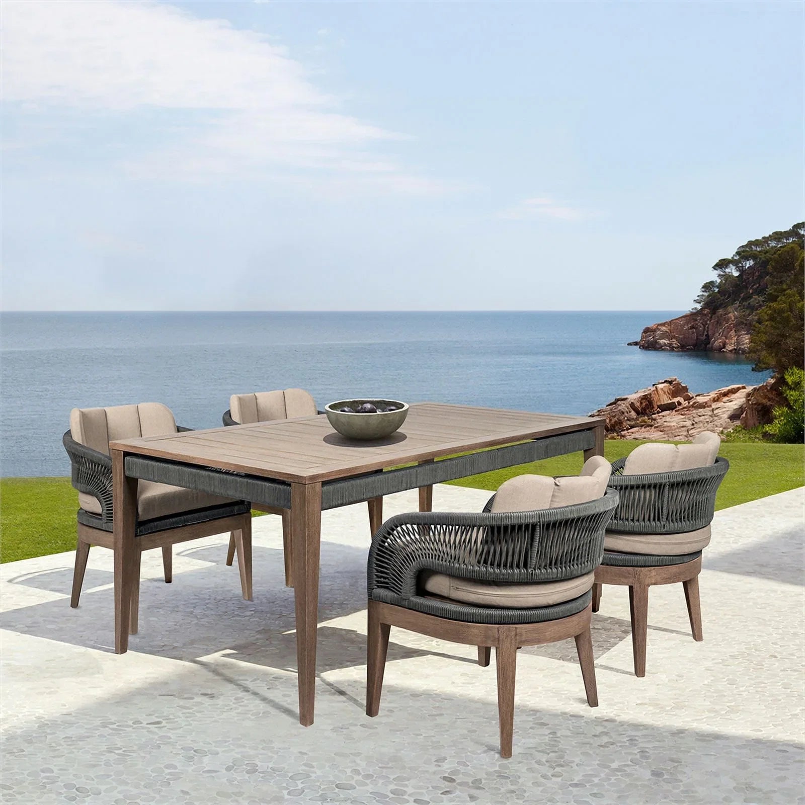 Termination Beckham Outdoor 7 Piece Live Edge Dining Set in Eucalyptus and Rope