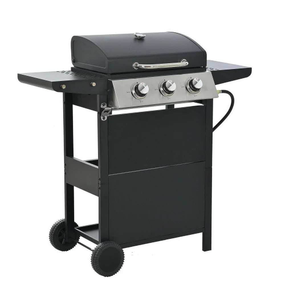 Forclover Stainless Steel Portable Propane Gas Grill, 3-Burner BBQ Grill with Top Cover Lid, Wheels, and 2 Side Shelves, for Outdoor Patio Garden Picnic Backyard