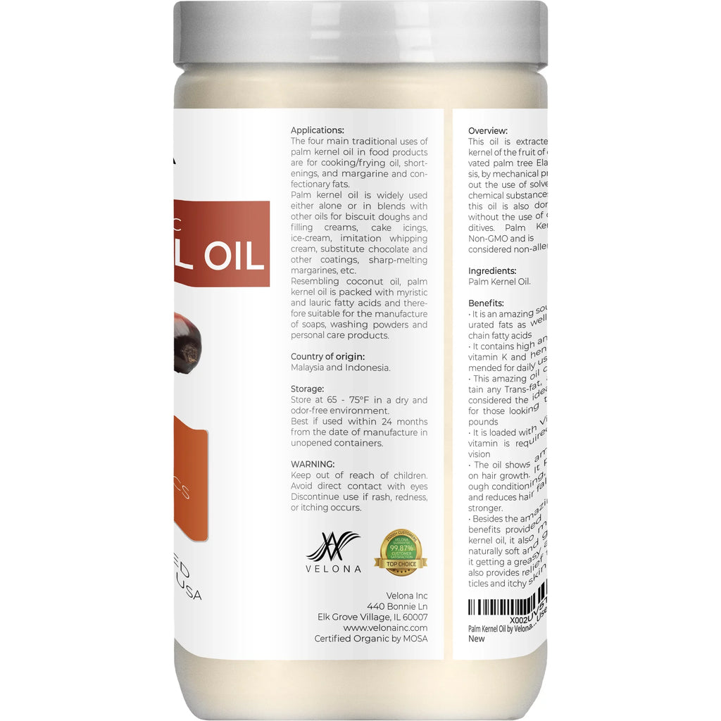 Velona USDA Certified Organic Palm Kernel Oil - 64 oz | 100% Pure and Natural Carrier Oil | Refined, Cold Pressed | Face, Hair, Body & Skin Care | Use Today - Enjoy Results