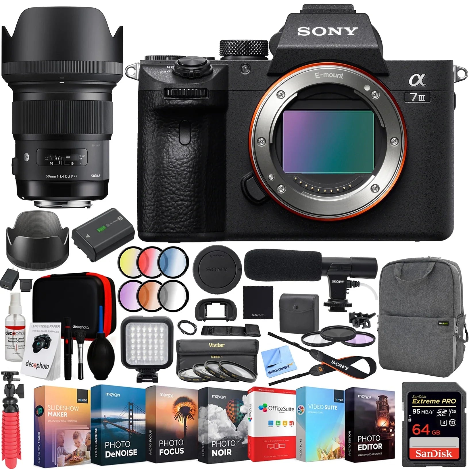 Sony a7 III Full Frame Mirrorless Interchangeable Lens 4K HDR Camera ILCE-7M3 Body with Sigma 50mm F1.4 ART DG HSM E-mount Lens and Deco Gear Backpack Kit Microphone Editing Bundle