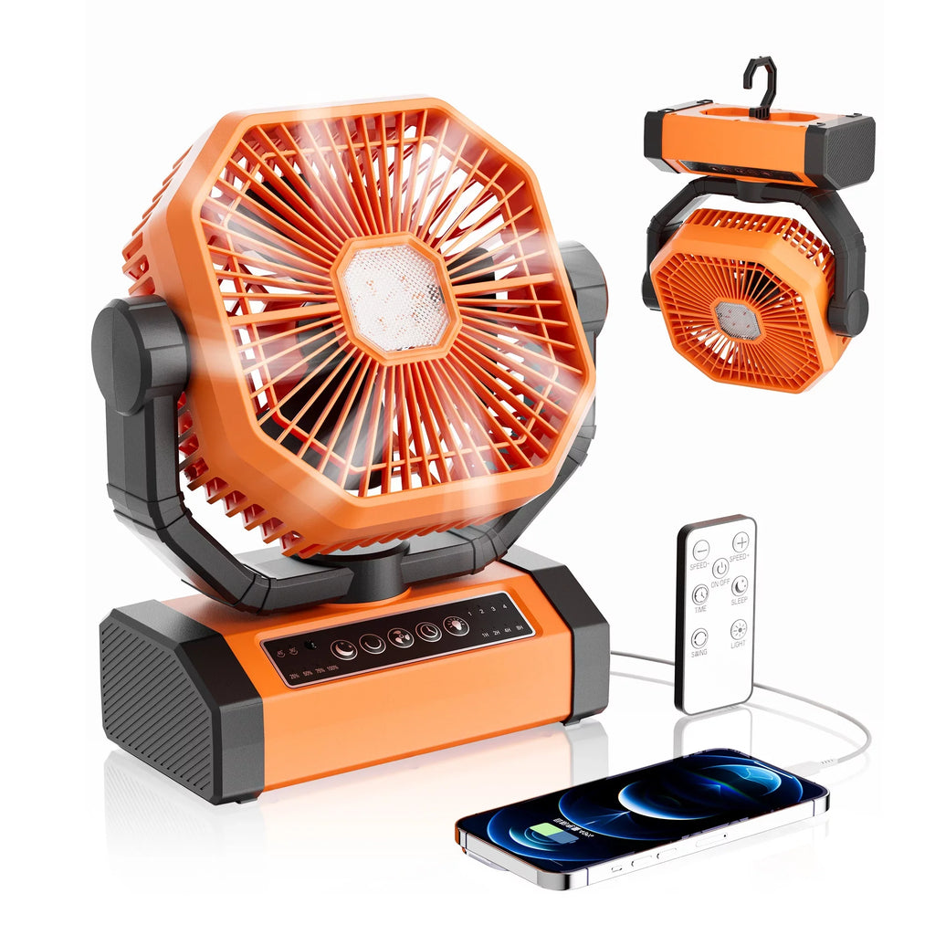 MORIKO Portable Cordless Fan 20000mAh Rechargeable Battery Powered Ventilator w/ LED Lantern, Remote, Hook, Timer, 270° Pivot 90° Oscillating 4 Speed Brushless Motor, Outdoor Jobsite Garage Patio Fan