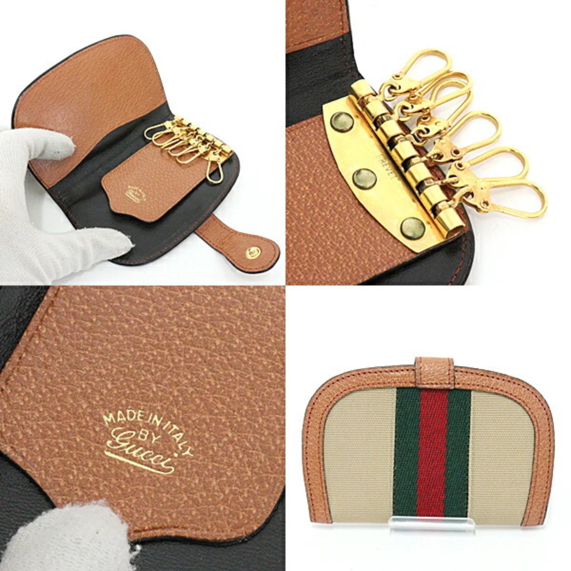 Pre-Owned Gucci GUCCI Old Sherry Line Key Case 6 Rows Beige Green/Red/Green Canvas/Leather Web Stripe (Good)