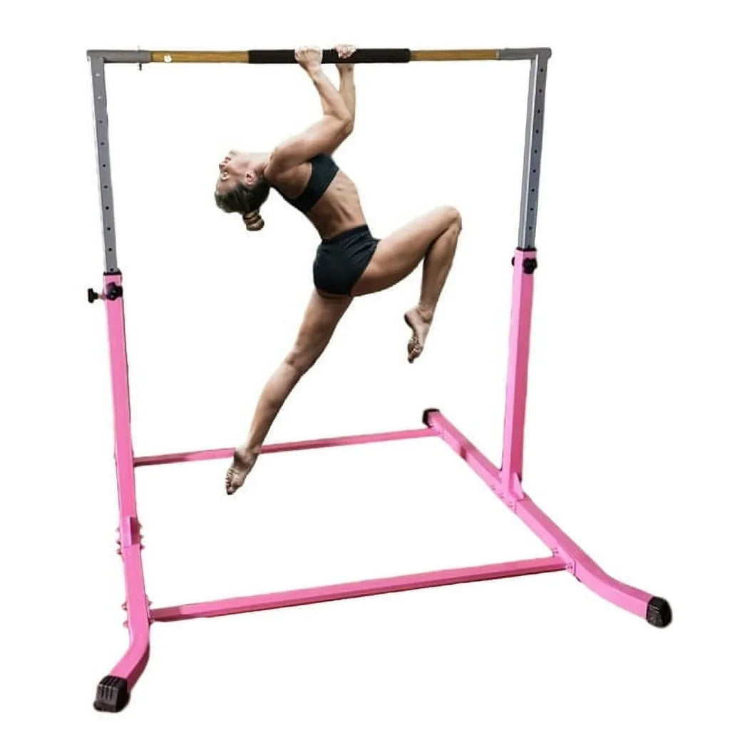 Pro-Gymnastics Adjustable Kip Bar for Kids | Heavy Duty Junior Gym Training | Curved Legs, Cushioned Hand Bar | Height Expandable Up to 5FT | Fitness Horizontal Bar | Pink