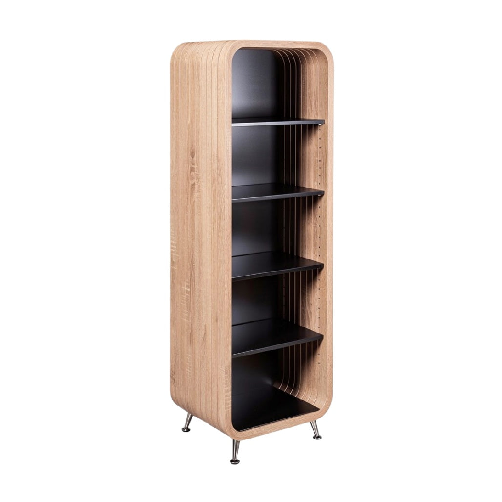 Modern Wooden Bookshelf with Black Shelves and Curved Design