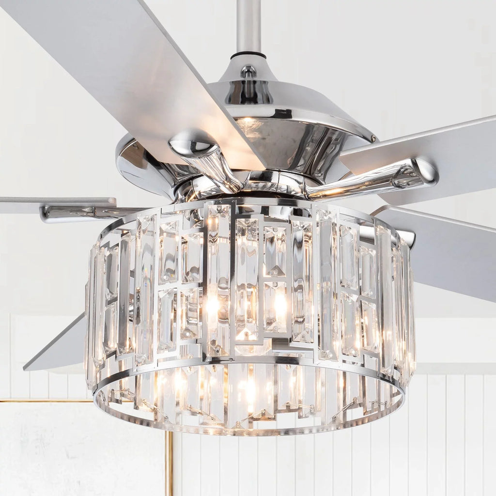 Parrot Uncle 52" Chrome Wooden 5-Blade Modern Crystal Ceiling Fan with Remote