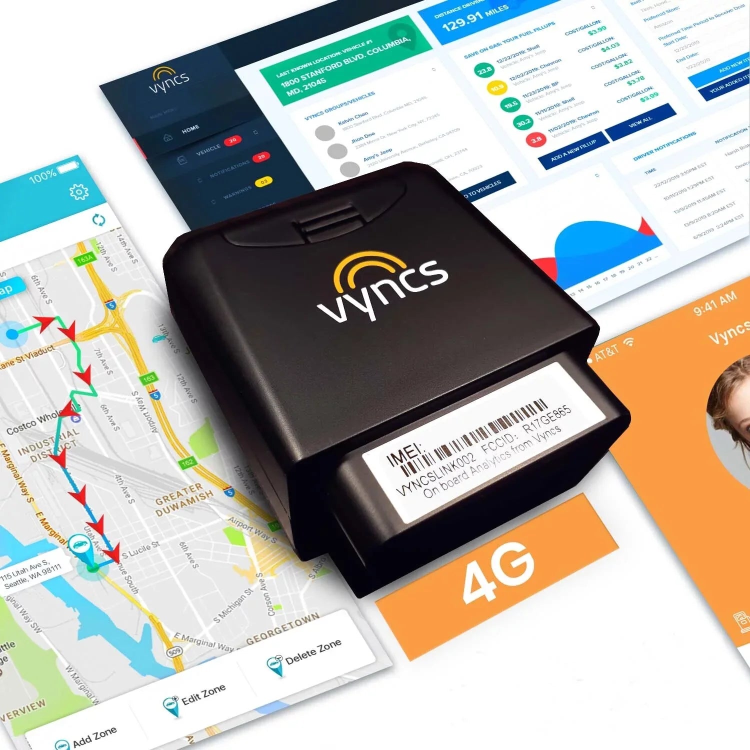 Vyncs Fleet: GPS Tracker No Monthly Fee, 4G LTE OBD, Real Time Fleet Car/Truck Tracking, SIM, Free 1 Year Data Plan, Trips, Vehicle Diagnostics, Driver Safety Alerts, Fuel Report, Emission Report
