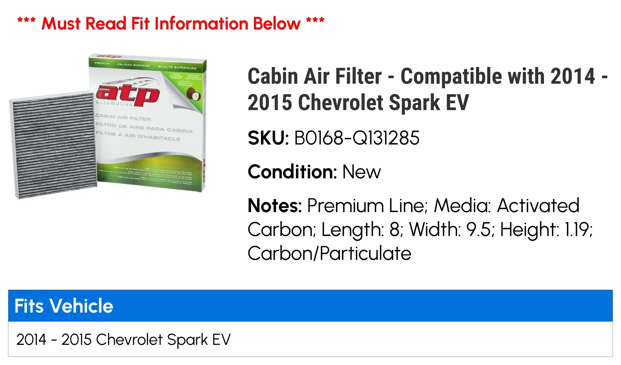 Cabin Air Filter - Compatible with 2014 - 2015 Chevy Spark EV