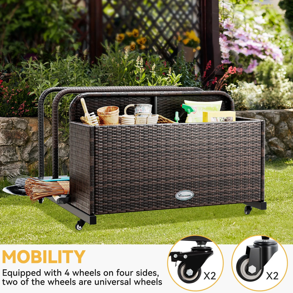 Dextrus Outdoor Wicker Patio Poolside Float Storage Basket, PE Rattan Outdoor Pool Caddy with Rolling Wheels,Brown