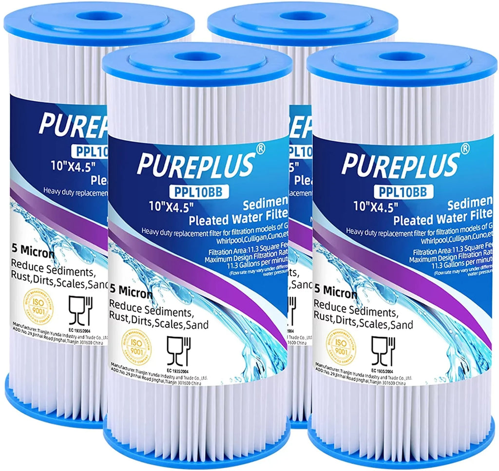 PUREPLUS 10" x 4.5" Whole House Pleated Individuals Filter for Well Water, Individuals Cartridge for GE FXHSC, Culligan R50-BBSA, Pentek R50-BB, DuPont WFHDC3001, American Plumber W50PEHD, GXWH40L, 4Pack