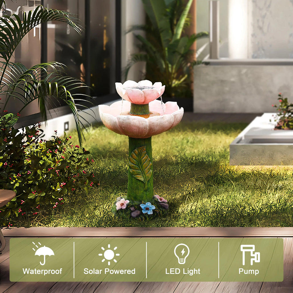 LuxenHome Solar Powered Pink Flower 2-Tier Resin Birdbath Fountain with Lights