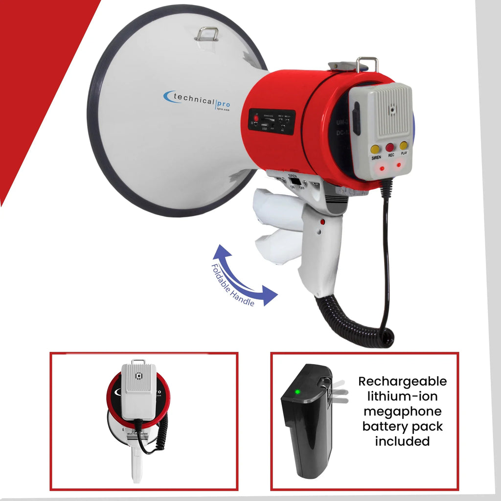 Technical Pro Rechargeable Portable 75-Watt Red Megaphone Bullhorn Speaker w/ Detachable Microphone w/ Battery, a Built-In AC Wall Charger, Good for Trainers, Soccer, Coaches, Cheer Leaders