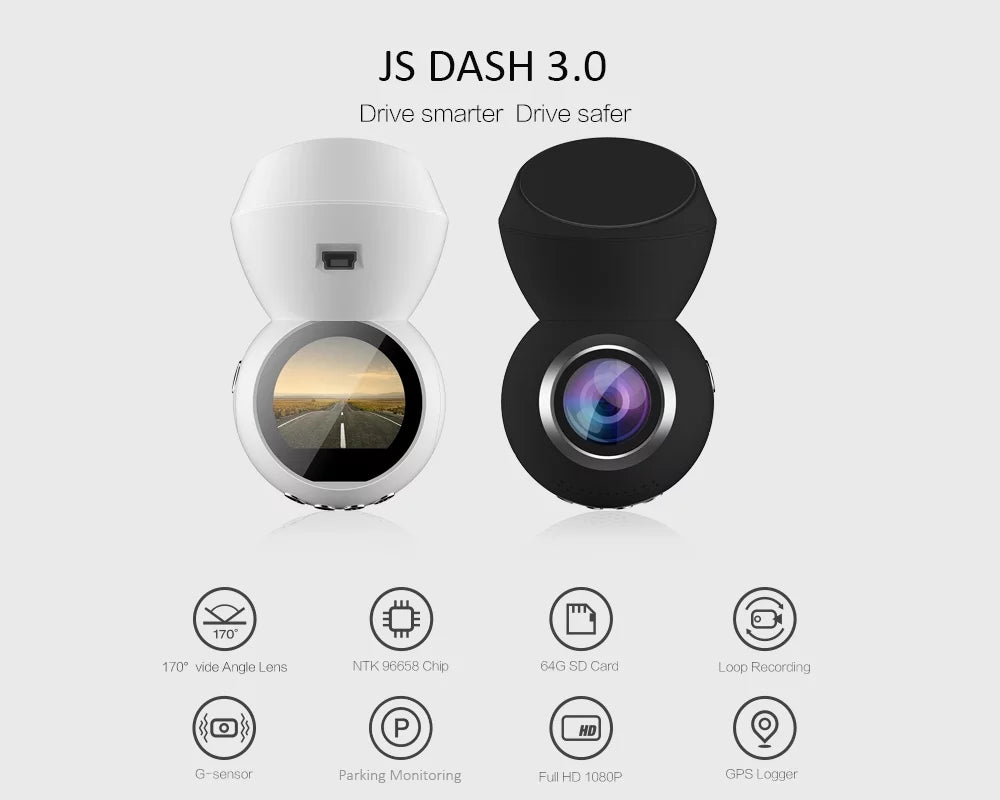 JS Dash 3.0 Ebony - Plug & Play Dash Cam- Full HD 1080p Dashcam w/ Parking Monitor & 1.22" LED Screen & GPS *NEW & IMPROVED*
