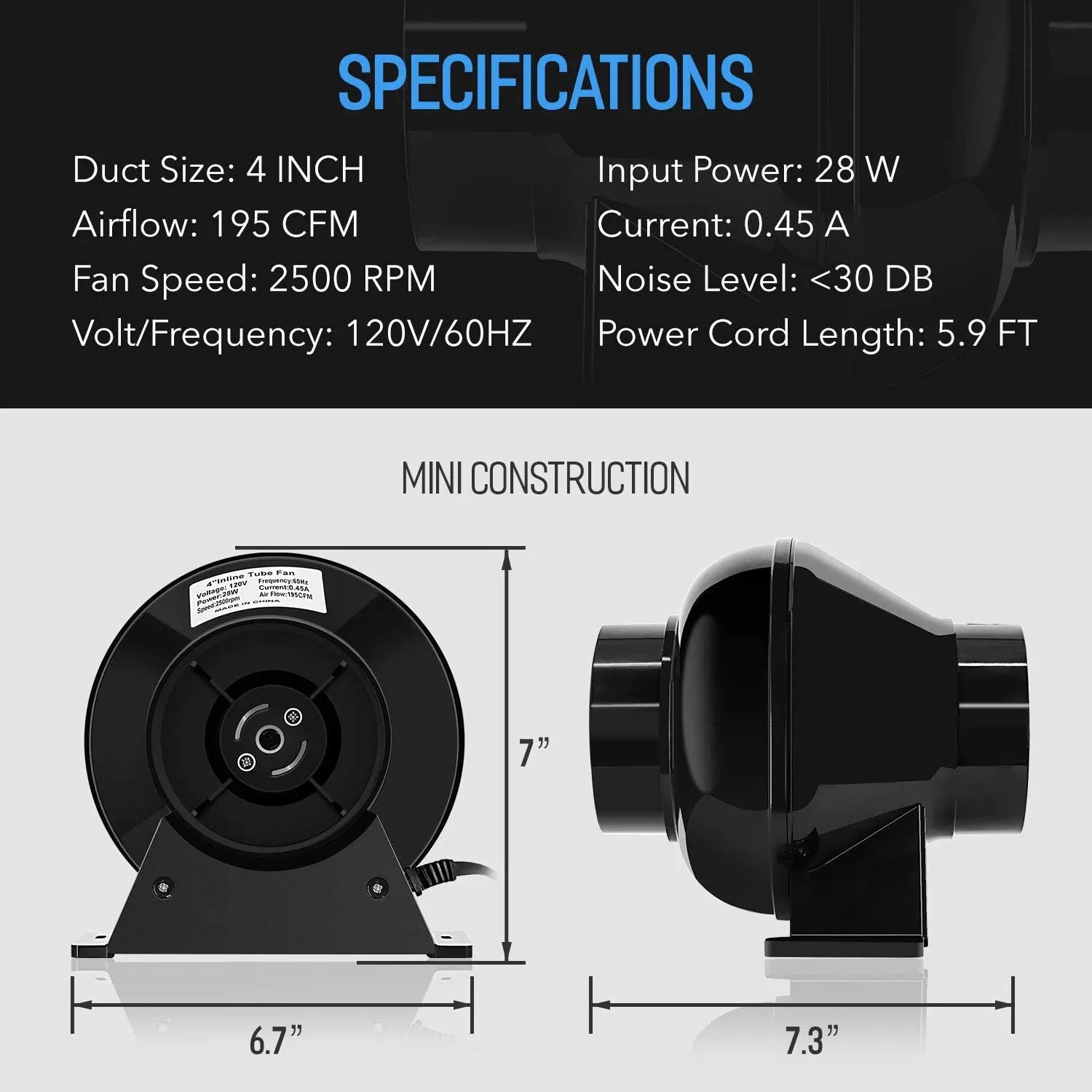 iPower 4 inch 195 CFM Inline Duct Ventilation Fan Air Circulation Vent Blower for Grow Tent, 4" Lite, Ebony 1-Pack