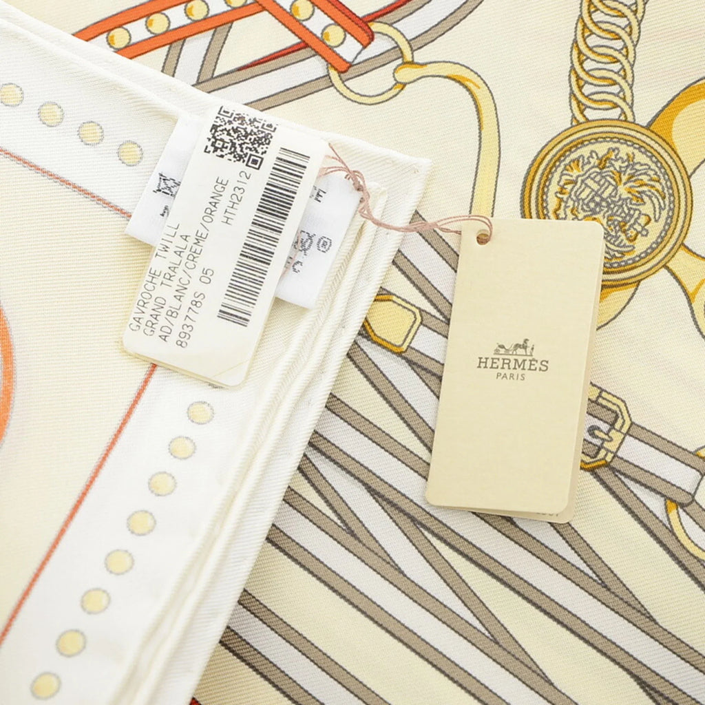 Pre-Owned Hermes Carre 45 Gavroche Scarf Grand Tralala White Cream Orange (Like New)