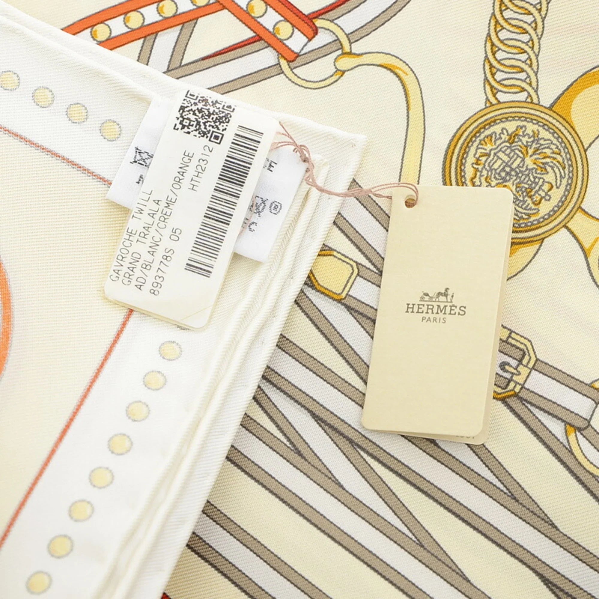 Pre-Owned Hermes Carre 45 Gavroche Scarf Grand Tralala White Cream Orange (Like New)