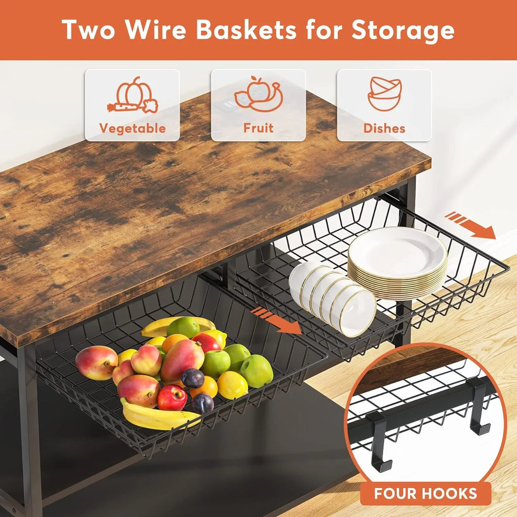 TJUNBOLIFE Kitchen Island with Industrial Island Table with Power Outlets and Wire Baskets 3 Tier Microwave Oven Stand Butcher Block Island with Large Worktop 4 Hooks Rustic Brown