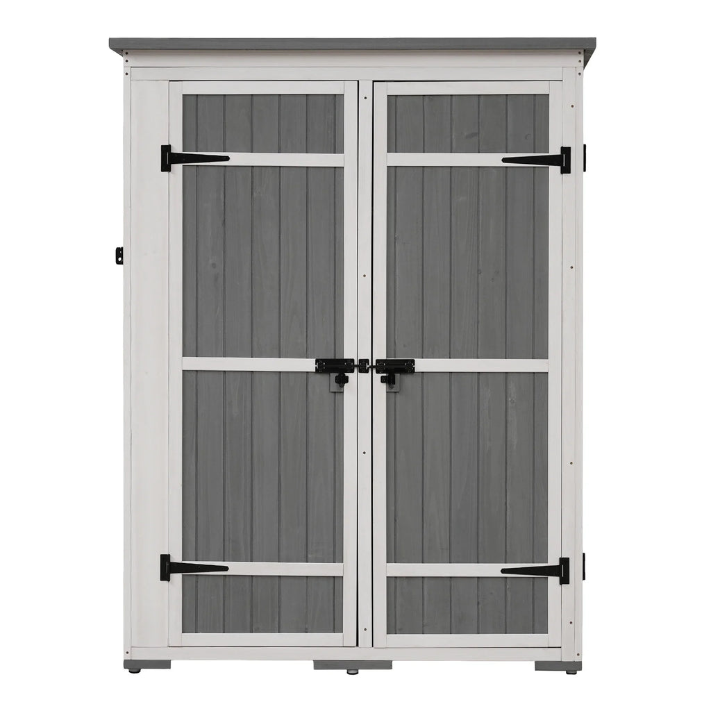 Homiyad Outdoor 5.5ft Hx4.1ft L Wood Storage Shed, Garden Tool Cabinet with Waterproof Asphalt Roof, Four Lockable Doors, Multiple-Tier Shelves, White and Gray