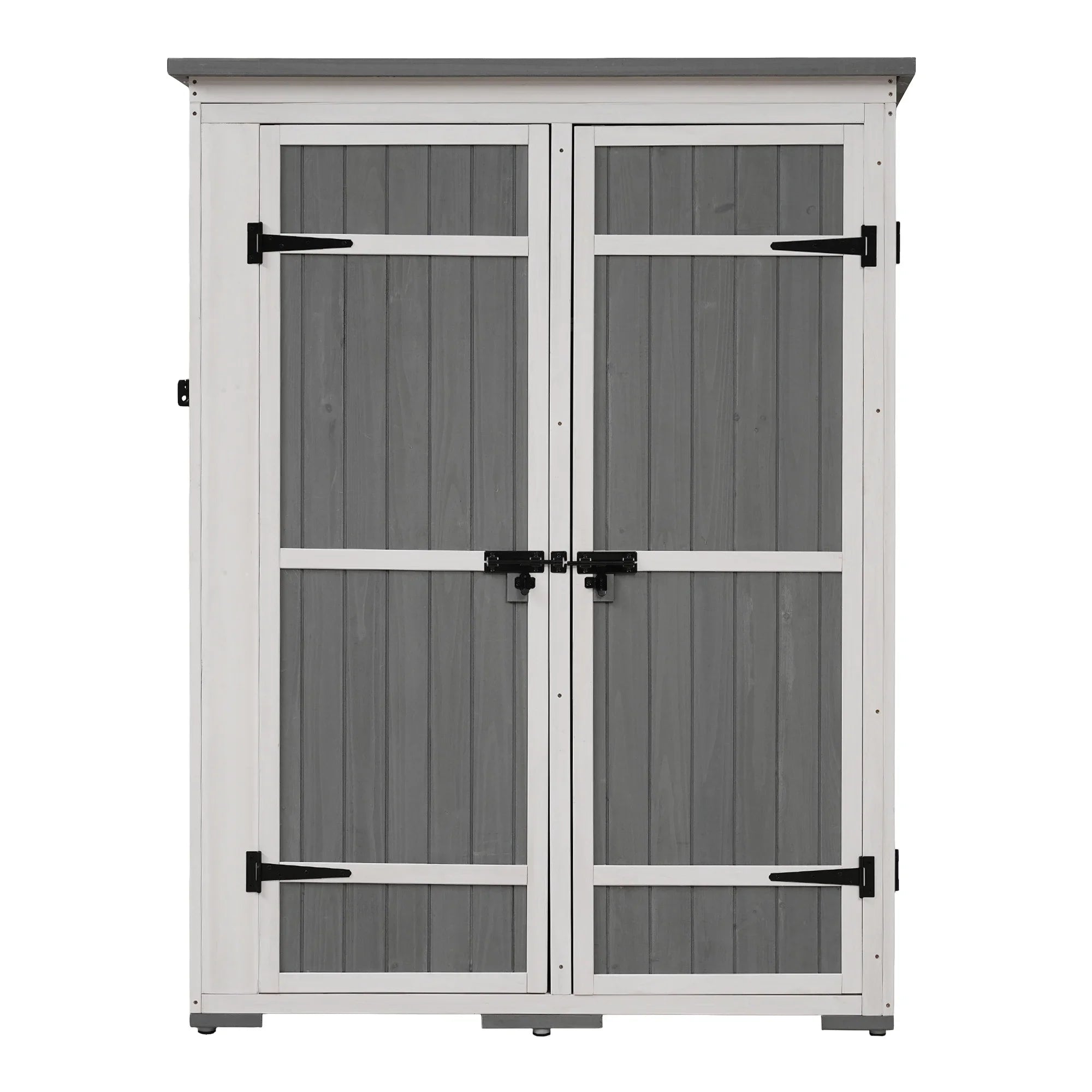 Homiyad Outdoor 5.5ft Hx4.1ft L Wood Storage Shed, Garden Tool Cabinet with Waterproof Asphalt Roof, Four Lockable Doors, Multiple-Tier Shelves, White and Gray