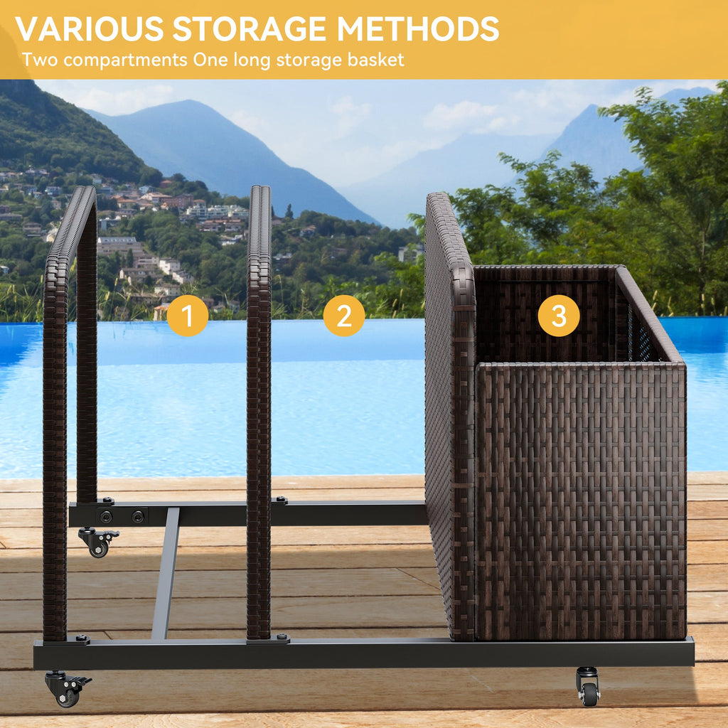 Dextrus Outdoor Wicker Patio Poolside Float Storage Basket, PE Rattan Outdoor Pool Caddy with Rolling Wheels,Brown