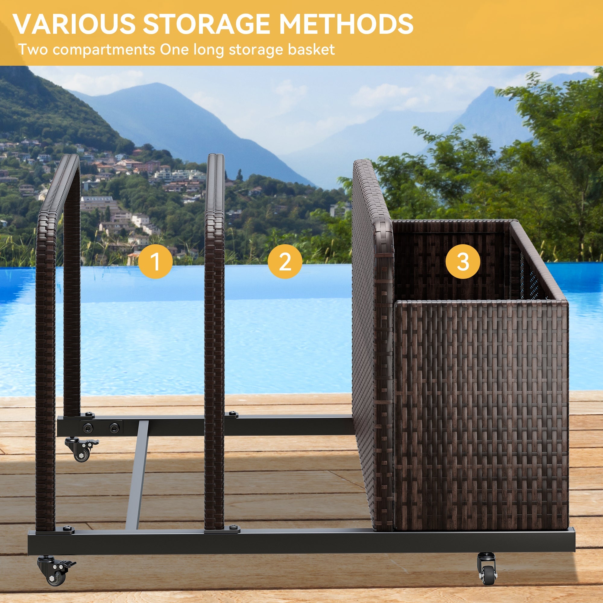 Dextrus Outdoor Wicker Patio Poolside Float Storage Basket, PE Rattan Outdoor Pool Caddy with Rolling Wheels,Brown
