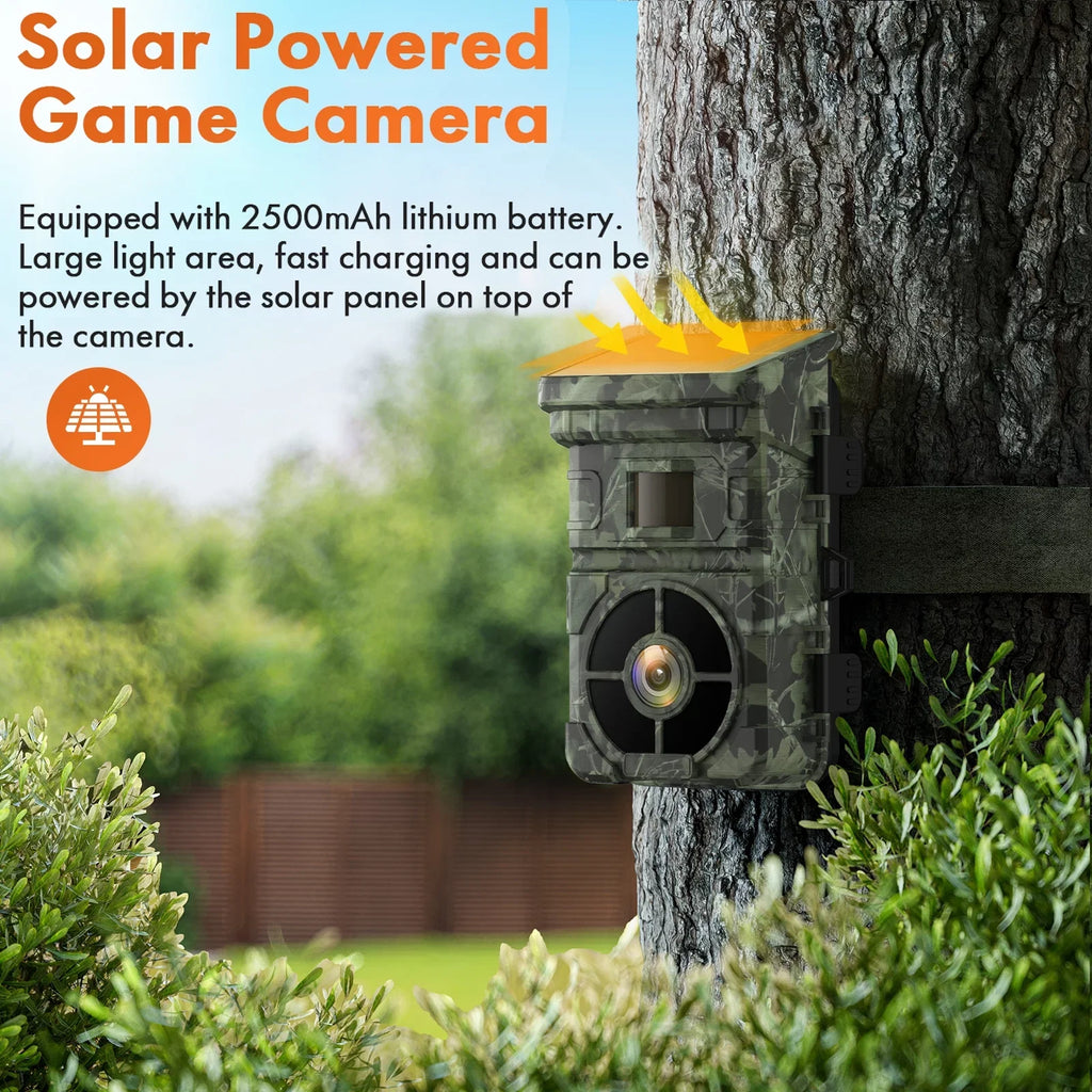 CAMPARK Solar Trail Camera 24MP 1080P 2500mAh Built-in Lithium Battery Rechargeable Game Camera with Night Vision Waterproof IP66 0.1s Trigger Speed 120°Wide Angle 2.0" LCD Hunting Cam with SD Card