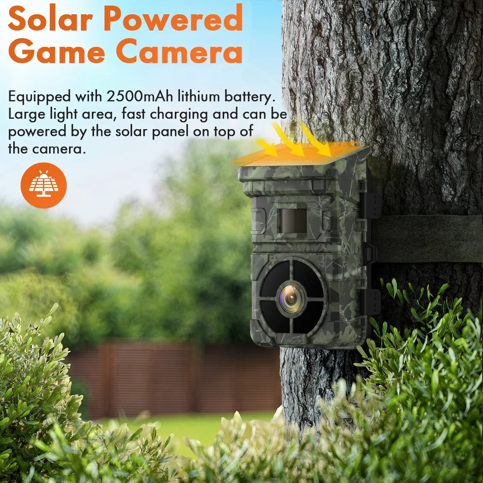 CAMPARK Solar Trail Camera 24MP 1080P 2500mAh Built-in Lithium Battery Rechargeable Game Camera with Night Vision Waterproof IP66 0.1s Trigger Speed 120°Wide Angle 2.0" LCD Hunting Cam with SD Card