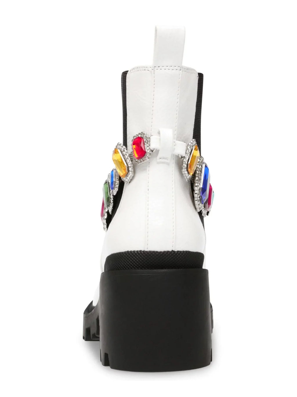 BETSEY JOHNSON Individuals White Gem Accent Strap Pull Tab 1" Platform Goring Padded Jenesis Round Toe Block Heel Moto 7 M