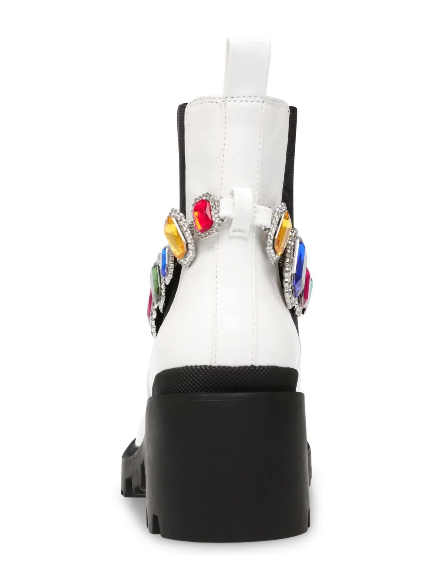 BETSEY JOHNSON Individuals White Gem Accent Strap Pull Tab 1" Platform Goring Padded Jenesis Round Toe Block Heel Moto 7 M