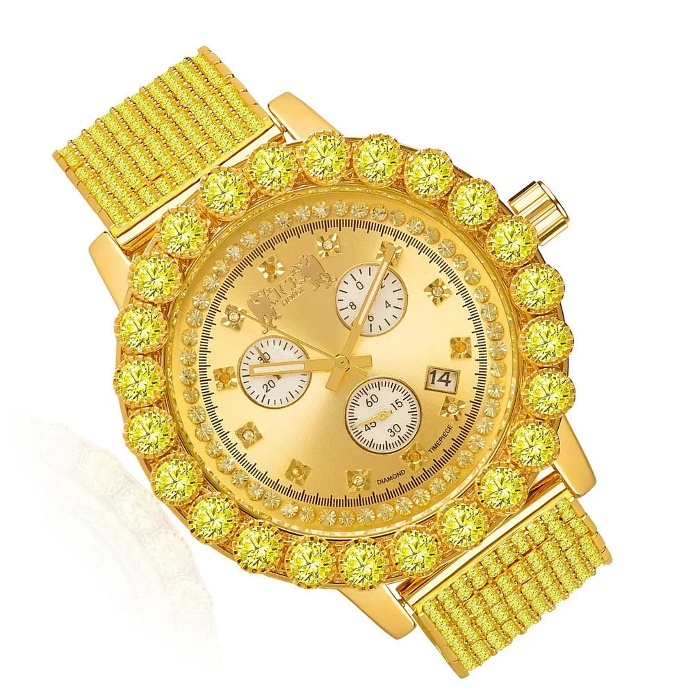Canary Exclusive Custom Piece Celebrity Inspired Lab Diamonds Gold Tone Iced Out Khronos Jo Rodeo Watch Timestamp Function