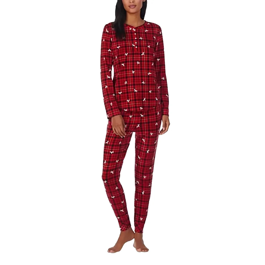 Lauren Ralph Lauren People Brushed Knit Henley Pajama Set Dog, Red Plaid, X-Small