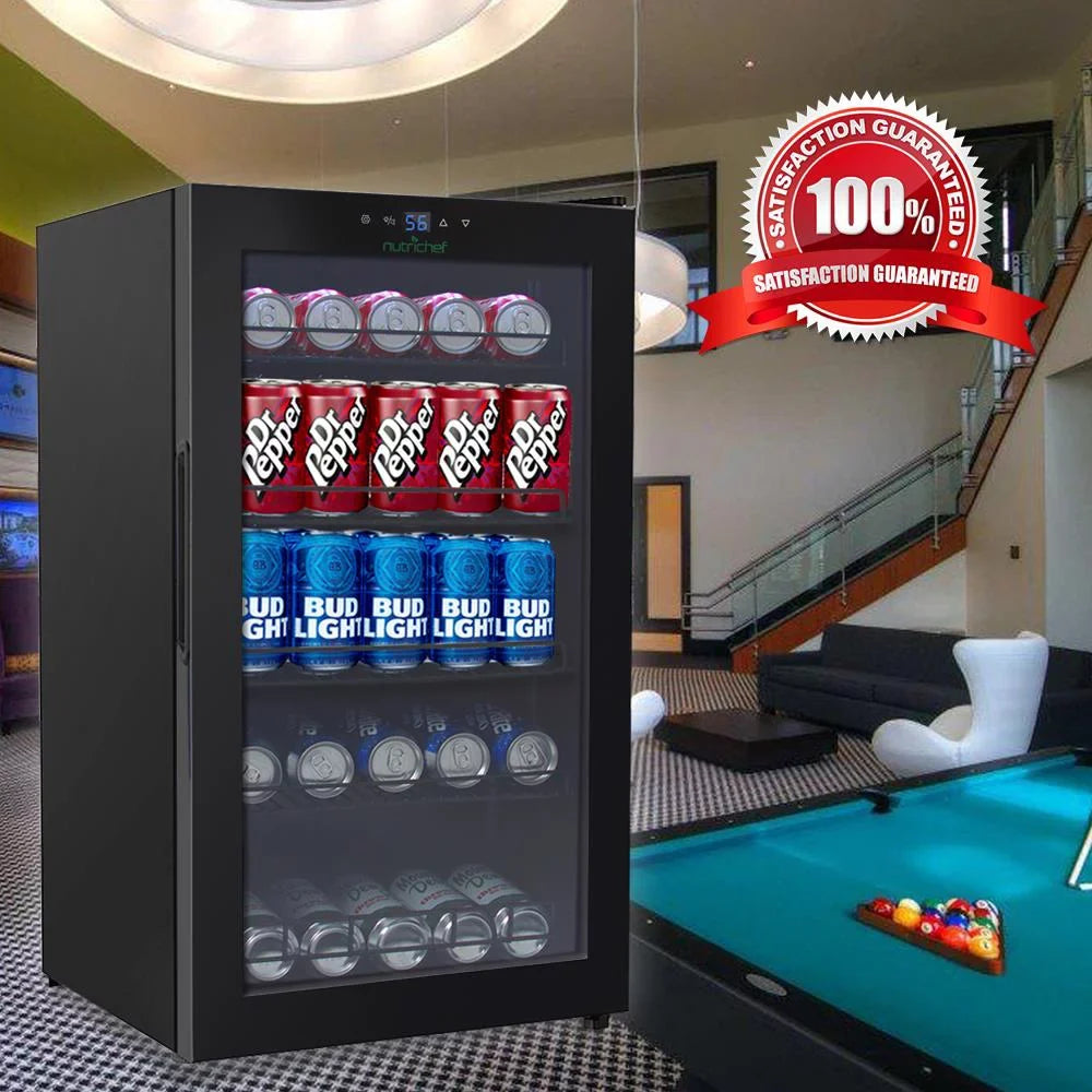 Nutri Chef Compact Beverage Fridge Cooler, Can Beverage Chiller Refrigerator (132 Can Capacity), 20.1’’ x 18.5’’ x 34.7’