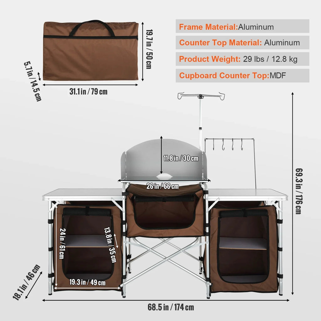 SKYSHALO Folding Portable Cook Table 3 Cupboards Brown Camping Kitchen Table