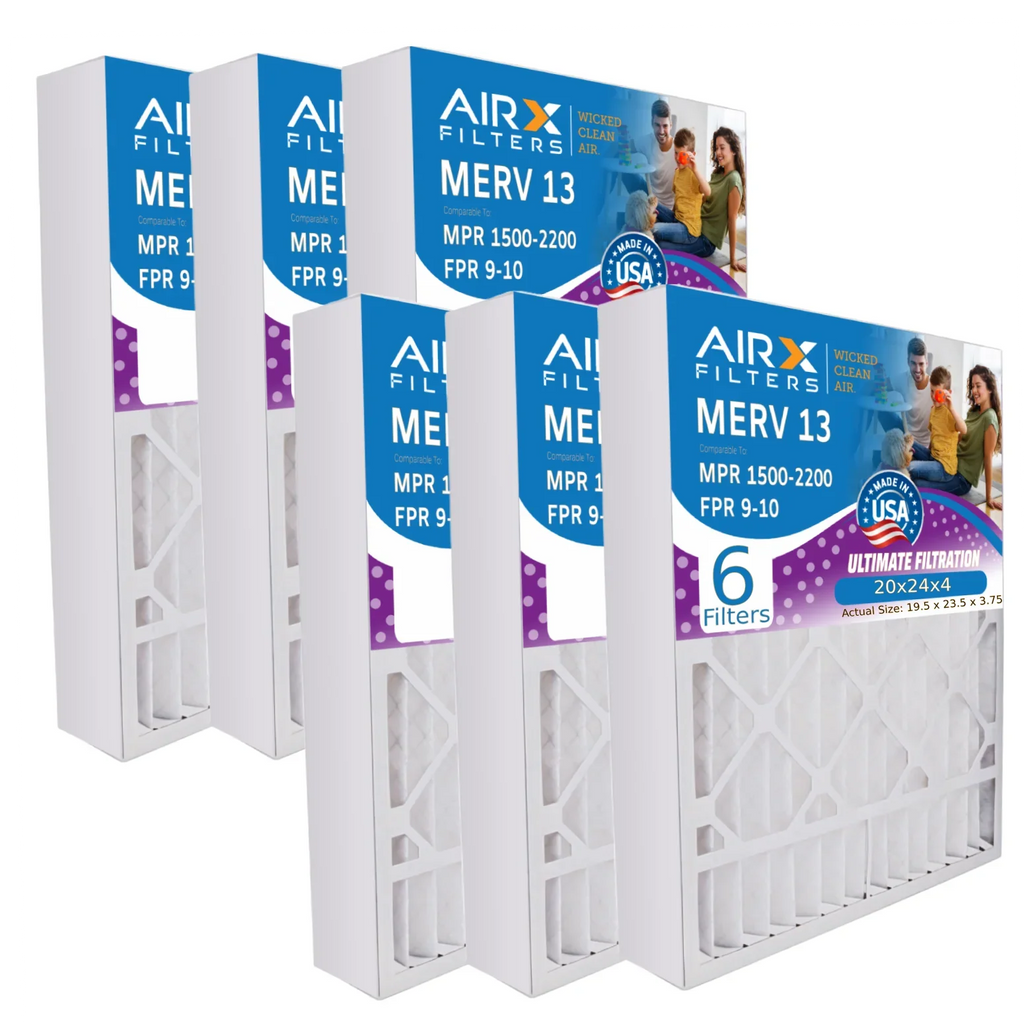 20x24x4 Air Filter MERV 13 Comparable to MPR 1500 - 2200 & FPR 9 Electrostatic Pleated Air Conditioner Filter 6 Pack HVAC AC Premium USA Made 20x24x4 Furnace Filters by AIRX FILTERS WICKED CLEAN AIR.