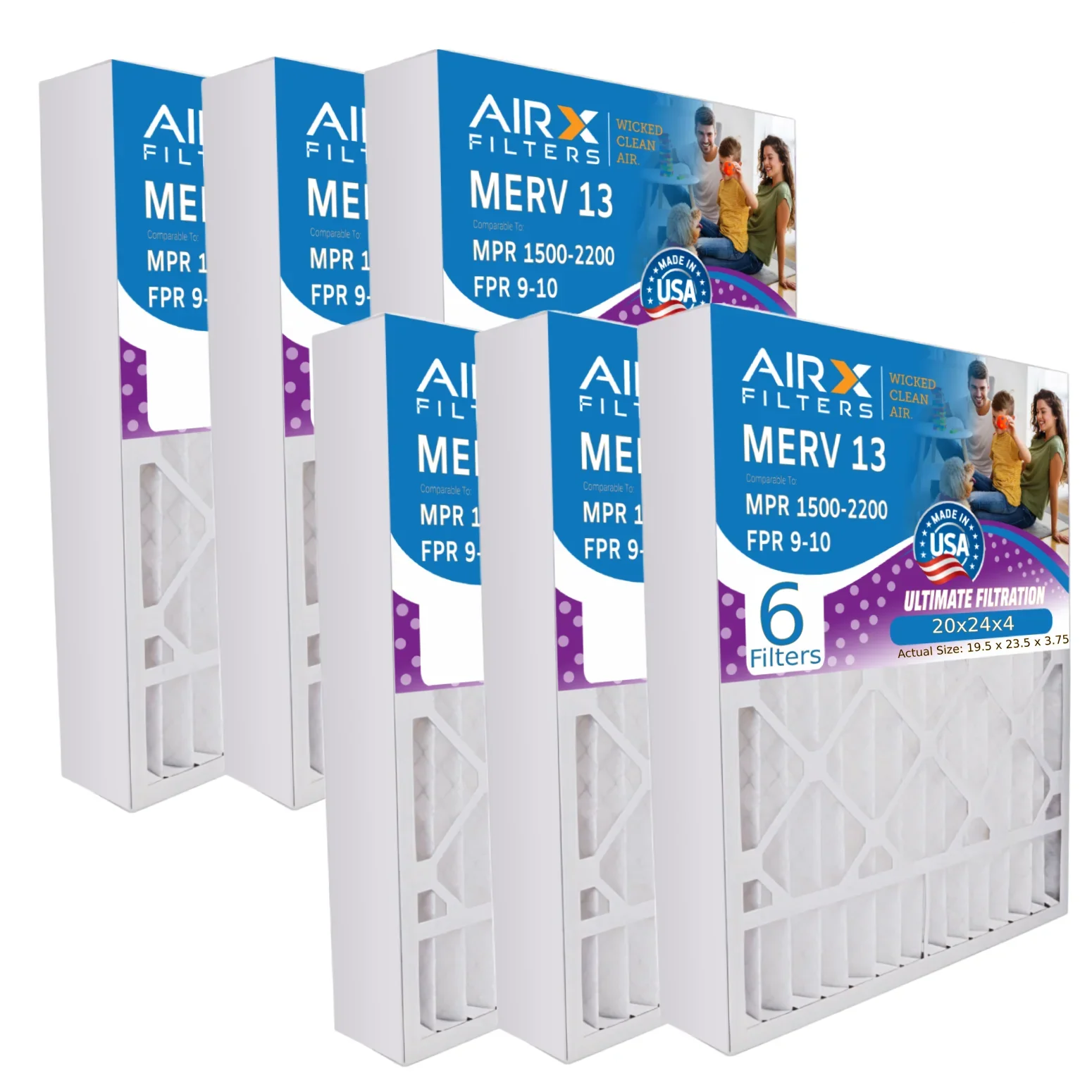 20x24x4 Air Filter MERV 13 Comparable to MPR 1500 - 2200 & FPR 9 Electrostatic Pleated Air Conditioner Filter 6 Pack HVAC AC Premium USA Made 20x24x4 Furnace Filters by AIRX FILTERS WICKED CLEAN AIR.