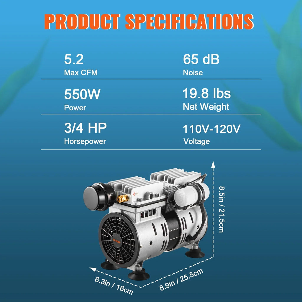 VEVOR Pond Aerator Kit - 3/4 HP, 550W, 5.2CFM - Ideal for Up to 3 Acres of Lake and Pond Aeration