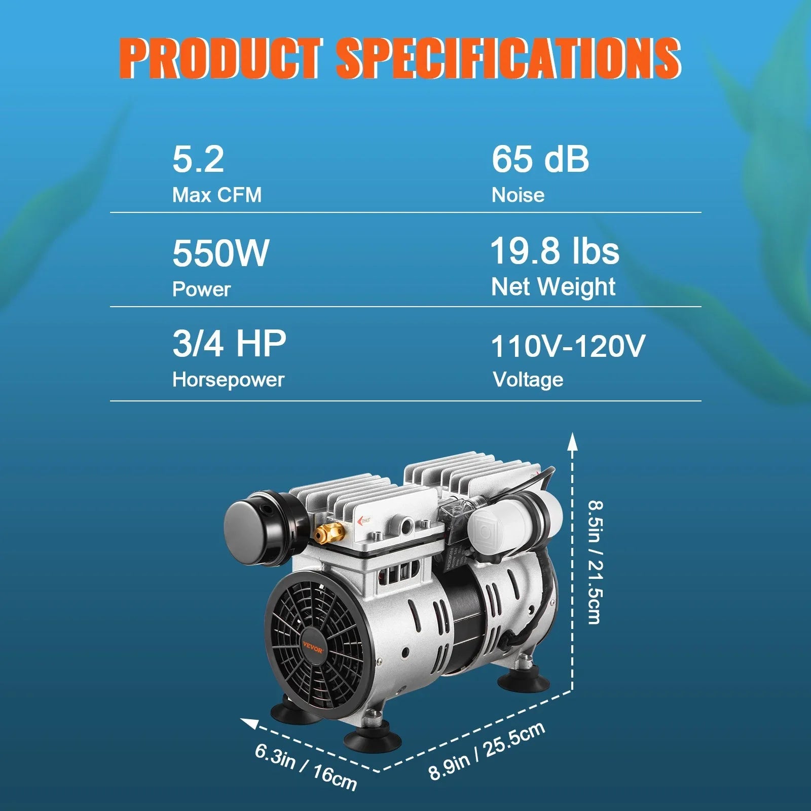 VEVOR Pond Aerator Kit - 3/4 HP, 550W, 5.2CFM - Ideal for Up to 3 Acres of Lake and Pond Aeration