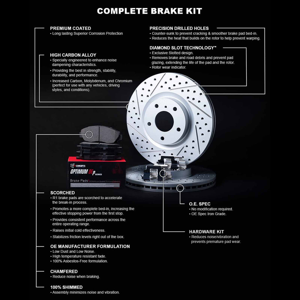 R1 Concepts Front Brakes and Rotors Kit |Front Brake Pads| Brake Rotors and Pads| Optimum OEp Brake Pads and Rotors |Hardware Kit WBUH1-45033