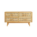 "Modern Wooden Drawer Unit with Rattan Detailing"