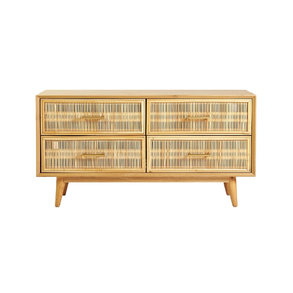"Modern Wooden Drawer Unit with Rattan Detailing"