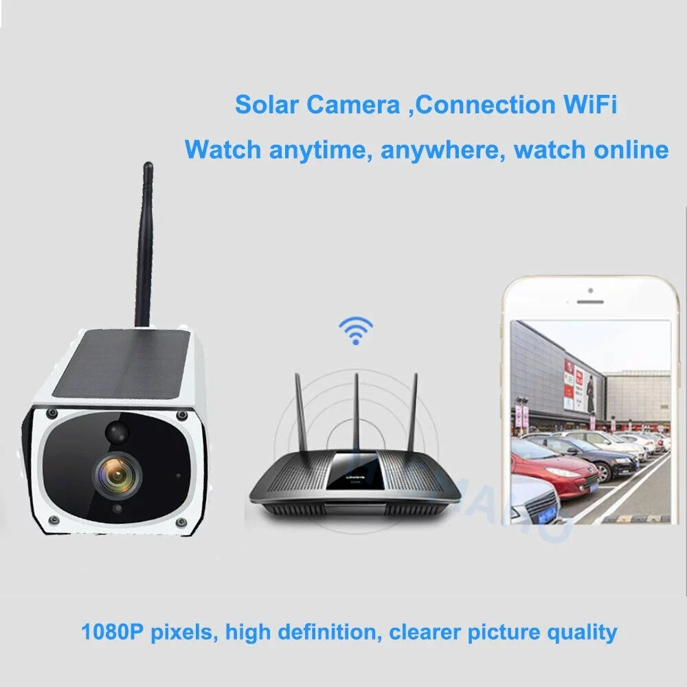 1080P Solar Powered Security Camera, Wireless Security Camera, WiFi IP Home Outdoor Security IP Camera Night Vision HD with 32GB Momery Card and 3 Pcs 18650 Batteries