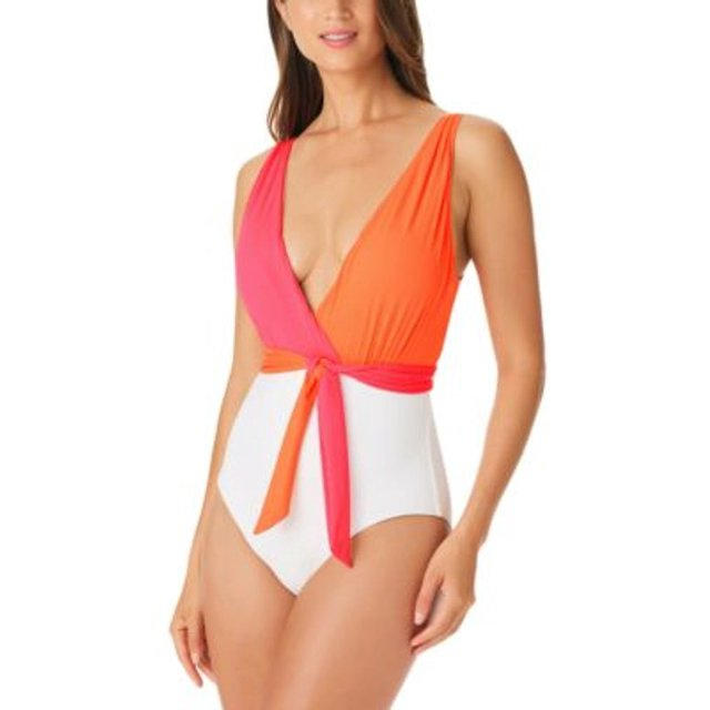 Sanctuary WHITE MULTI Colorblocked Tie-Front One-Piece Swimsuit, US Large